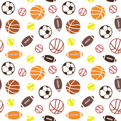Football, baseball, basketball, and soccer ball seamless pattern. Repeating print for fabric, apparel, backgrounds, gift wrap, scrapbook paper, and more. Swatch tile included in eps file.