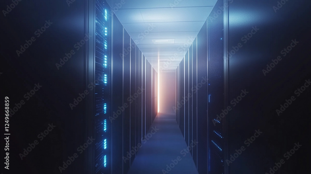 Aufkleber exploration of a big data storage facility showcasing a narrow corridor with illuminated server rack