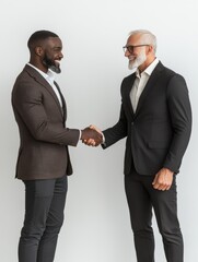 Fototapeta premium Two happy diverse professional business men executive leaders shaking hands at office meeting. Smiling businessman standing greeting partner with handshake. Leadership, trust, partnership concept.