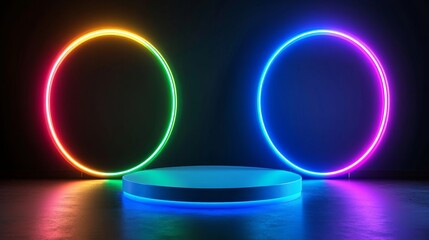 Neon Podium with Colorful Circles and Dark Background - A modern podium with glowing neon circles in vibrant colors showcases creativity, innovation, design flexibility, and futuristic aesthetics.