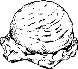 Monochrome ink sketch of a single ice cream scoop, detailed and textured. Ideal for dessert menus, food packaging, confectionery branding, cookbooks, or summer-themed culinary designs