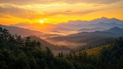 Sunrise over misty mountain range, scenic valley view, peaceful dawn, travel poster