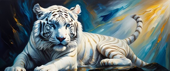 An artistic oil painting of a powerful white tiger on an abstract background merging wild beauty with thought provoking artistry