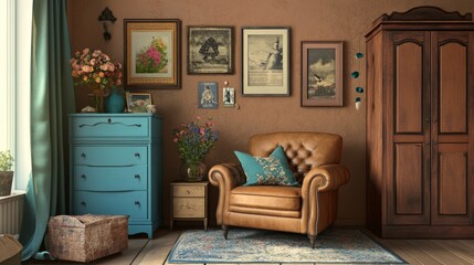 Retro brown leather armchair near blue dresser, tender bouquet and two frames. Blue and brown vintage interior. Brown room with ethnic dresser and chair. Antique cupboard. Clothes closet. Vanity Table