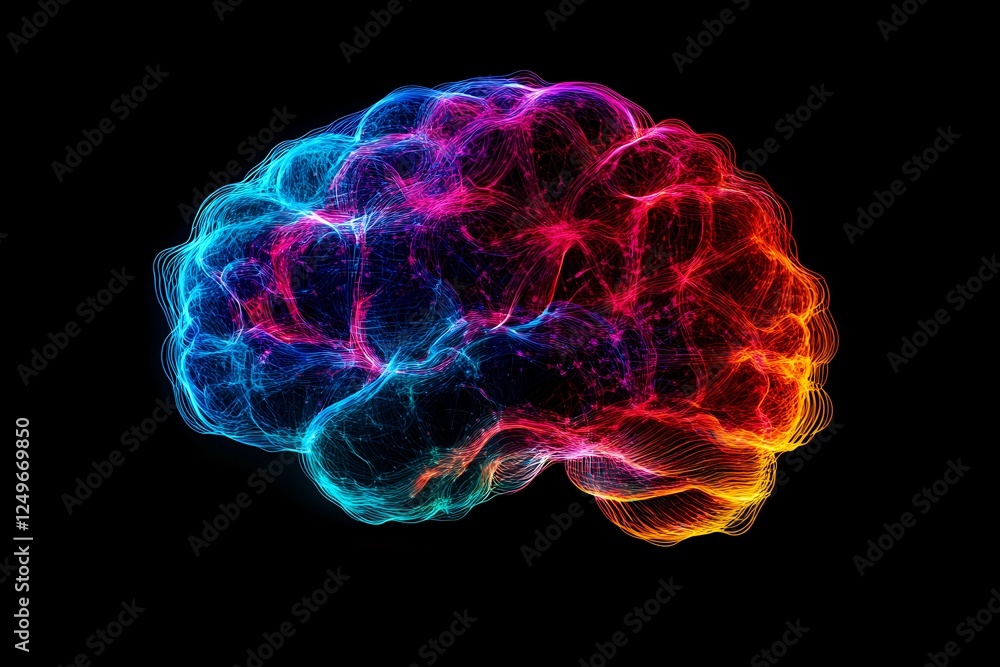 Aufkleber glowing multicolored brain silhouette with neon light effect on black background, representing neura