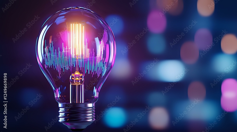 Poster glowing light bulb with audio wave visualization inside on dark background with bokeh lights. creati