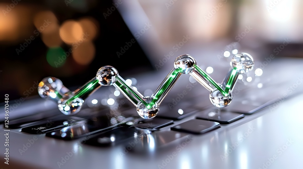 Poster futuristic molecular structure made of glass and green elements floating over laptop keyboard with b