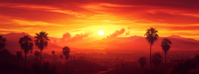 Obraz premium Desert Sunset with Palm Shadows and Rising Smoke