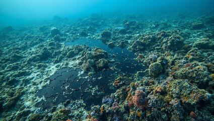 Fototapeta premium An eerie underwater scene of a devastated coral reef covered in oil spills showcasing the sad demise of marine life