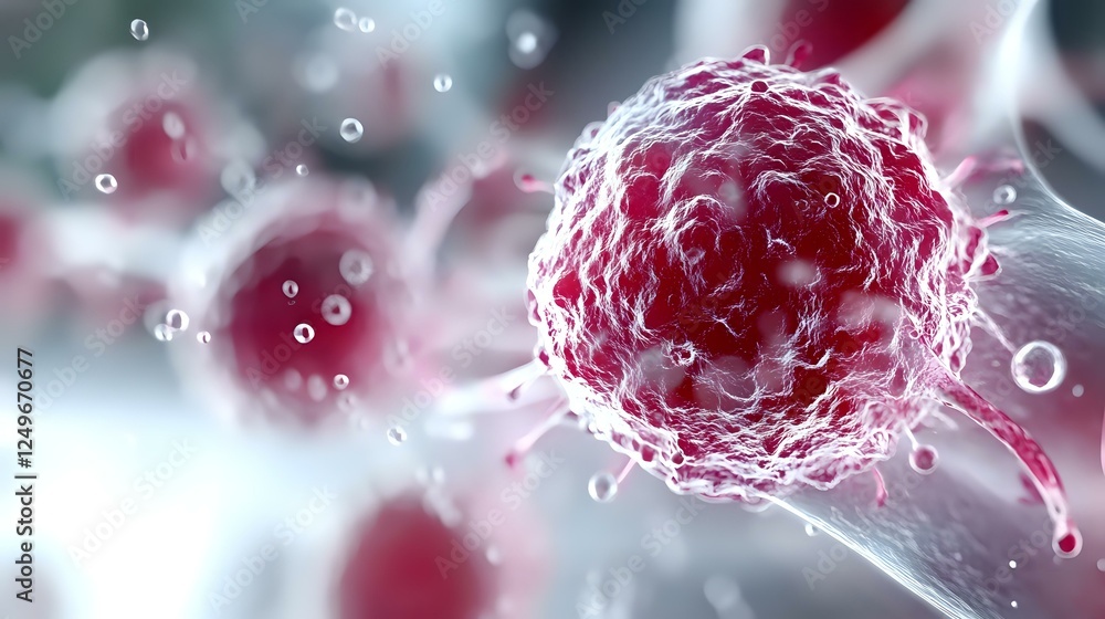 Poster cancer cell in microscopic view with detailed surface structure and surrounding particles in red and