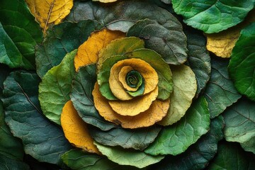 Fototapeta premium Autumn Leaves Rose: Nature's Art, Green and Yellow Leaves Arranged as a Flower