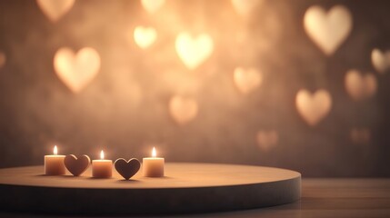 Romantic Candlelit Atmosphere with Heart Shapes - A serene scene featuring candles on a circular stand with a heart-shaped bokeh backdrop, perfect for creating a warm and romantic ambiance.