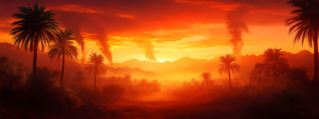 Obraz premium Desert Sunset with Palm Shadows and Rising Smoke