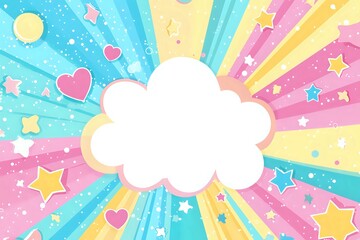 Colorful rainbow sunburst background with white cloud frame, hearts and stars in pastel colors. Magical cartoon style pattern for children designs and celebrations.