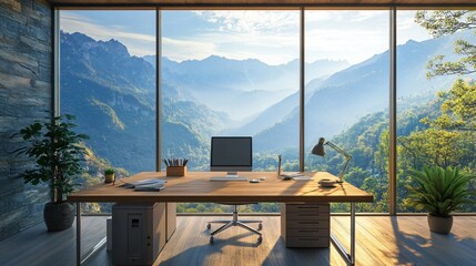 Fototapeta premium Panoramic Mountain View Office Workspace