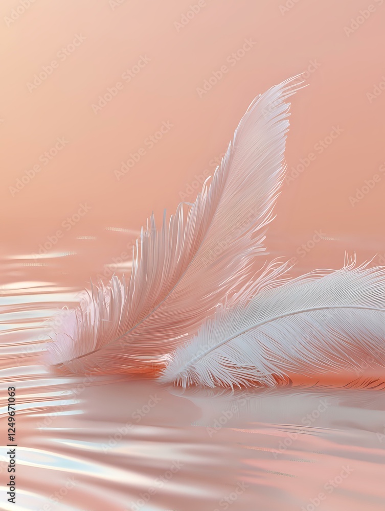 Poster delicate white feathers floating on reflective surface against coral pink background, creating ether