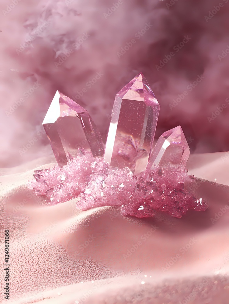 Poster pink crystal cluster formation with translucent quartz points emerging from crystalline base against