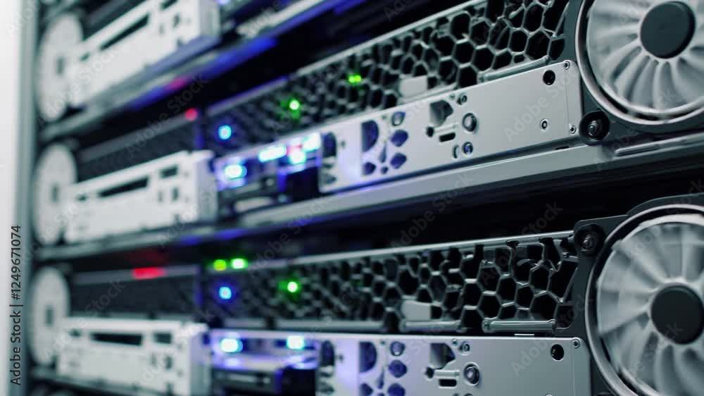 Poster high-tech server rack with visible components and cooling fans
