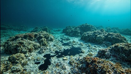 Naklejka premium Dramatic scene of an oil spill destroying a colorful coral reef showcasing the impact of environmental pollution on marine ecosystems