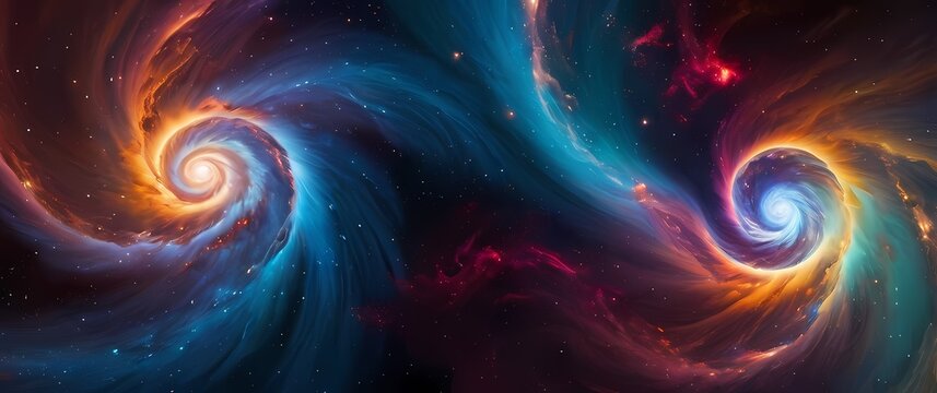 An abstract visualization of celestial bodies swirling in deep space vibrant colors clashing and blending in a cosmic dance of creation
