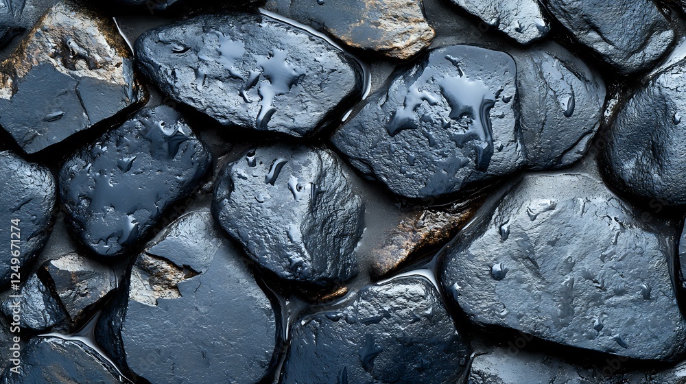 Poster wet black stones with water drops creating natural pattern. dark rocks texture with glossy surface a