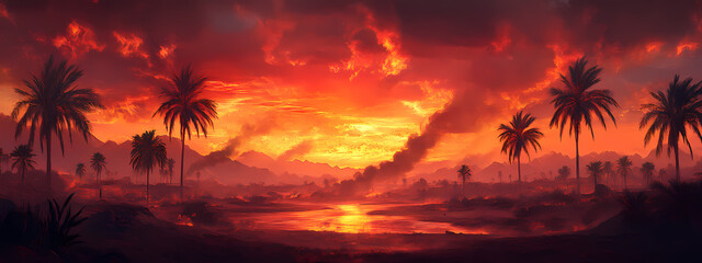 Obraz premium Desert Sunset with Palm Shadows and Rising Smoke