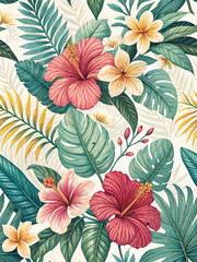 Tropical floral seamless pattern with vibrant hibiscus flowers, exotic leaves, and colorful frangipani on a light background, perfect for summer designs and decor