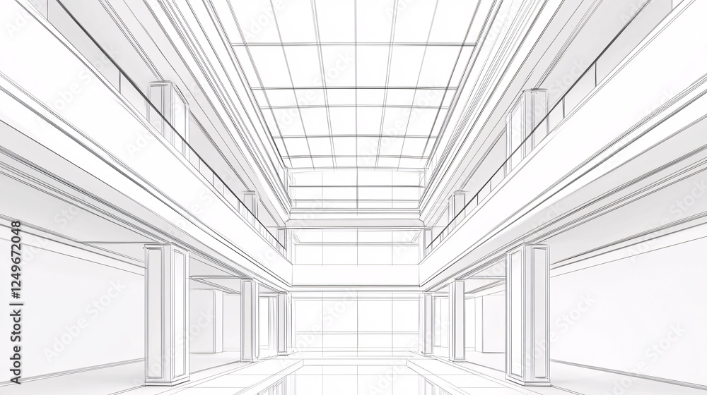 Poster a minimalistic architectural interior with a glass ceiling and clean white lines creating a bright o