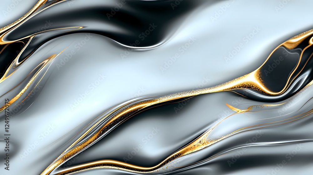 Poster luxurious silver and gold abstract waves create elegant flowing pattern with metallic texture and sm