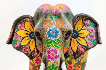 Wide angle, majestically painted elephant, swirling dewali festival colors, echoing Jaipur, Rajasthan, royal India heritage, pure white backdrop, photorealistic details