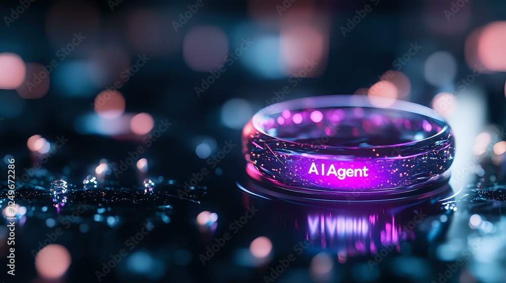 Poster glowing purple ring with ai agent text on dark reflective surface with bokeh lights creates futurist