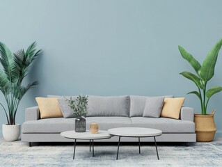 Minimalist living room with grey sofa, plants, and coffee table.