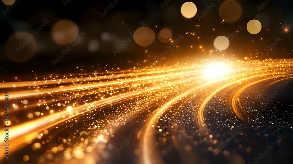 Poster glowing golden light trails with sparkles and bokeh effects on dark background create magical atmosp