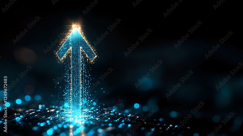 Poster glowing blue arrow pointing upward with sparkles and light particles on dark background, symbolizing