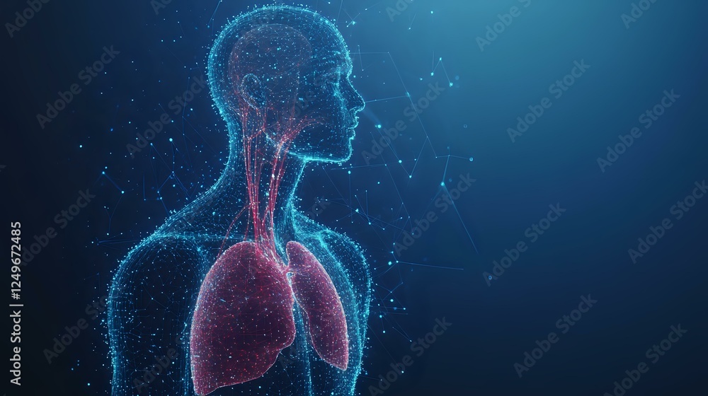 Poster glowing digital human torso showing respiratory system with lungs highlighted in red, particle effec