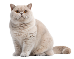 British Shorthair Cat Sitting on White Background. Gray British Shorthair Cat Portrait Isolated on White Background