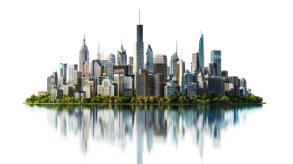 A city skyline is reflected in a body of water