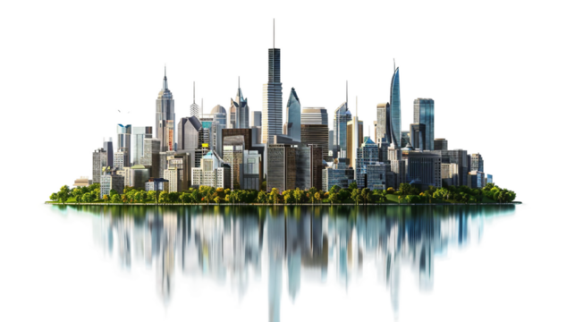 A city skyline is reflected in a body of water