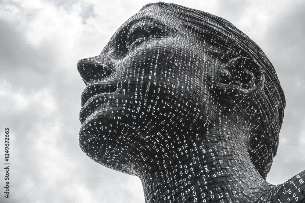 Poster a large, abstract sculpture of a woman's face covered in binary code.