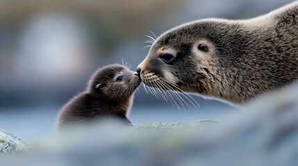 Naklejka premium Tender moment between mother harbor seal and her pup touching noses on rocky shore, showing natural parenting behavior and bonding in marine mammals.