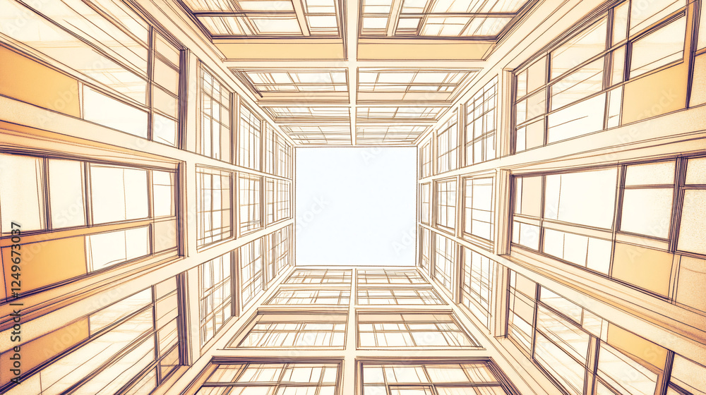 Poster a bright architectural composition looking up through symmetrical warm-toned buildings with large wi