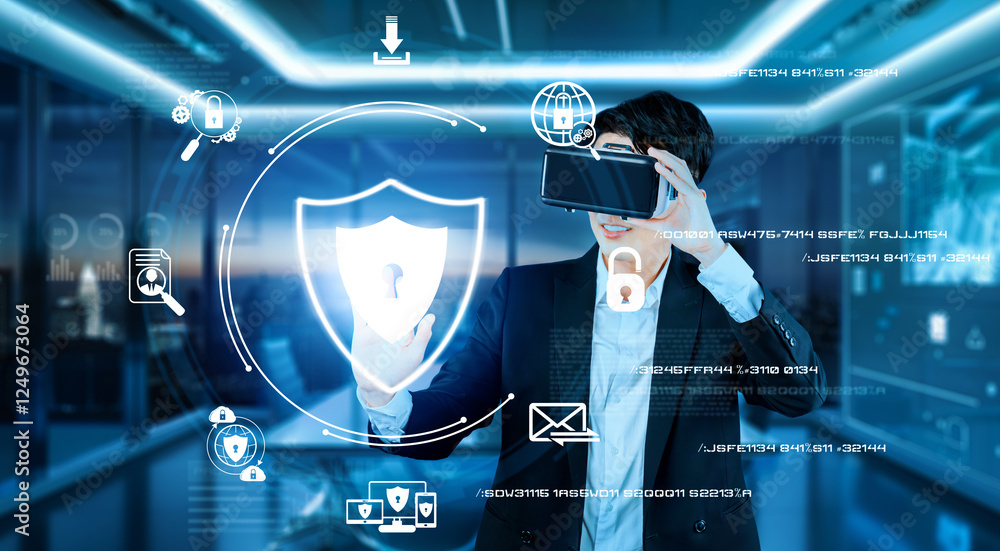 Poster project manager pointing security system hologram and standing at futuristic office with blue glowin