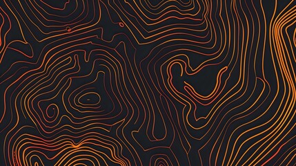 Obraz premium Topographic map pattern with orange elevation contour lines on dark background. Abstract terrain visualization creates dynamic flowing curves and shapes.