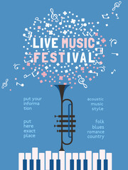 Spring Season Live Music Festival minimal design vector poster. Piano keyboard, trumpet, musical notes cartoon illustration. Blooming Vibes Music Fest performance, outdoor event celebration background