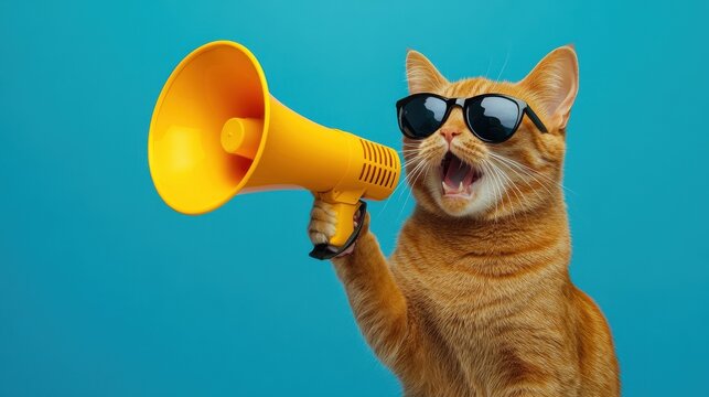 A red cat is wearing sunglasses and speaking into a yellow megaphone. Business sales and marketing, discount