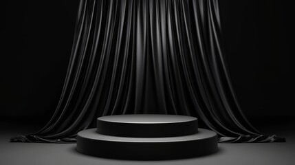Three Level Podium with Black Curtain Background - A three-tier podium set against a flowing black curtain creates a dramatic stage for presentations, showcasing elegance, sophistication