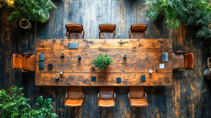 Naklejka premium Stylish Workspace with Rustic Wooden Table and Gadgets for Team Collaboration