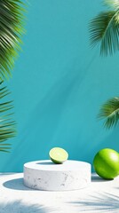 Tropical Fresh Lime Display on Circular Podium - A vibrant pod showcasing a lime, surrounded by lush palm leaves