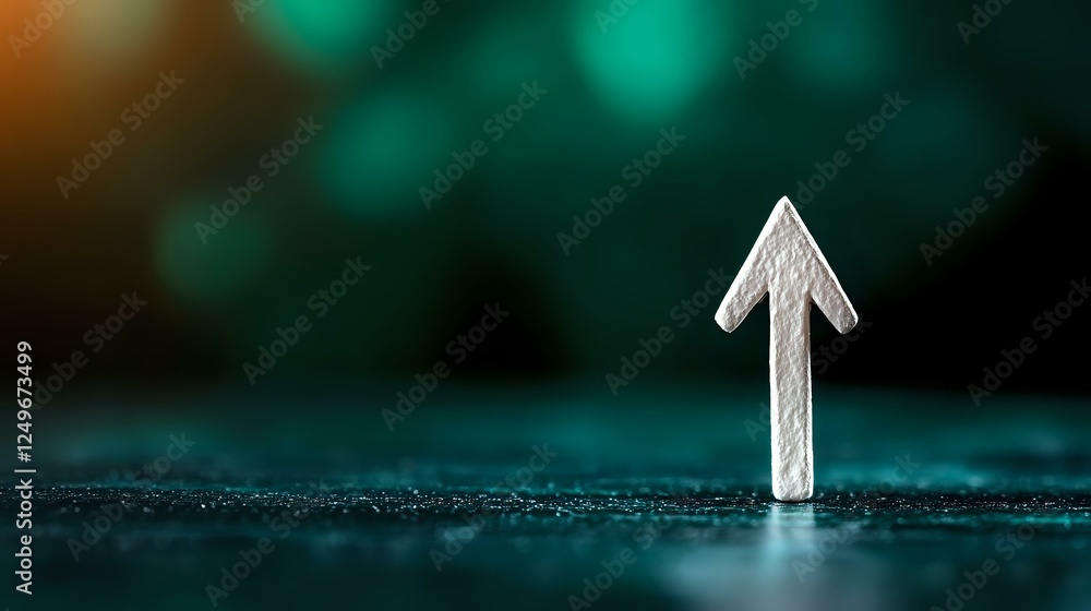 Poster white chalk arrow pointing upward on dark textured surface with blurred teal and orange bokeh backgr