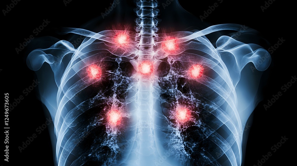 Poster chest x-ray visualization showing multiple red glowing areas representing lung inflammation and infe